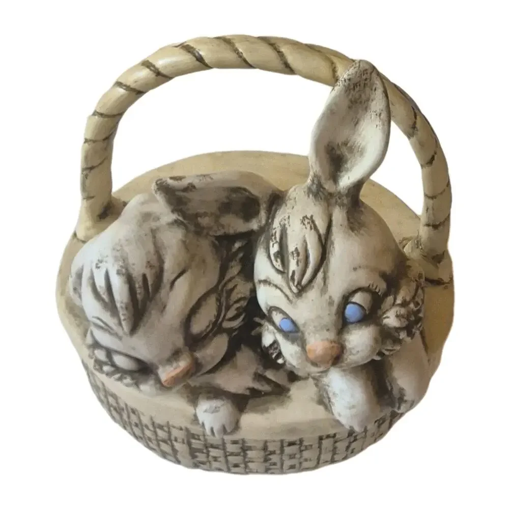 Vintage 1950s Bunnies in Basket Ceramic Trinket Box Cream Brown 7x7x5.5
